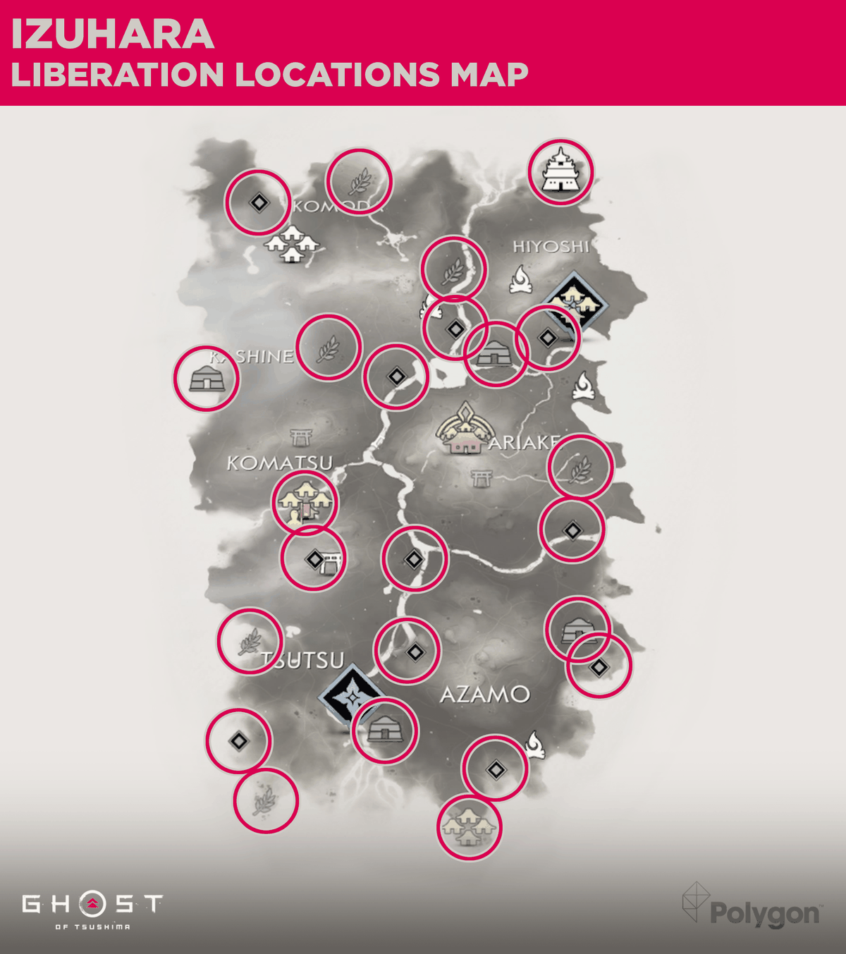 A map of Izuhara’s 24 liberation locations in Ghost of Tsushima