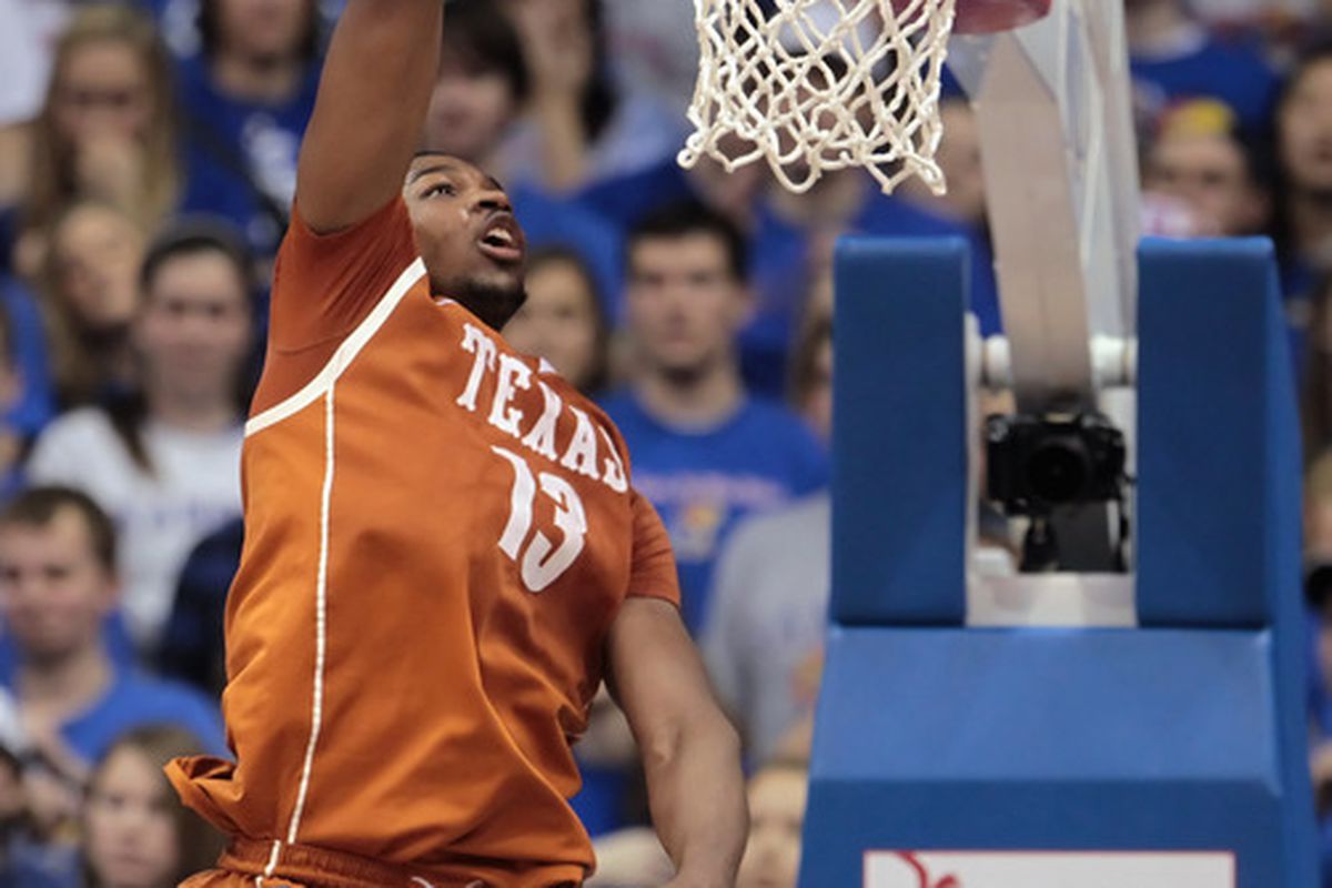 LAWRENCE KS - JANUARY 22:  Tristan Thompson #13 of the Texas Longhorns dunks against the Kansas Jayhawks during the game on January 22 2011 at Allen Fieldhouse in Lawrence Kansas.  (Photo by Jamie Squire/Getty Images)