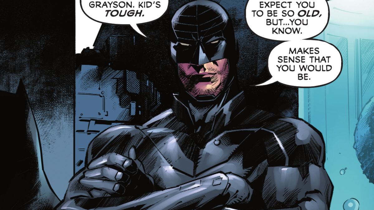 “I didn’t expect you to be so old, but.. you know,” Midnighter says to Batman, “Makes sense that you would be,” in Batman/Superman Authority Special (2021).