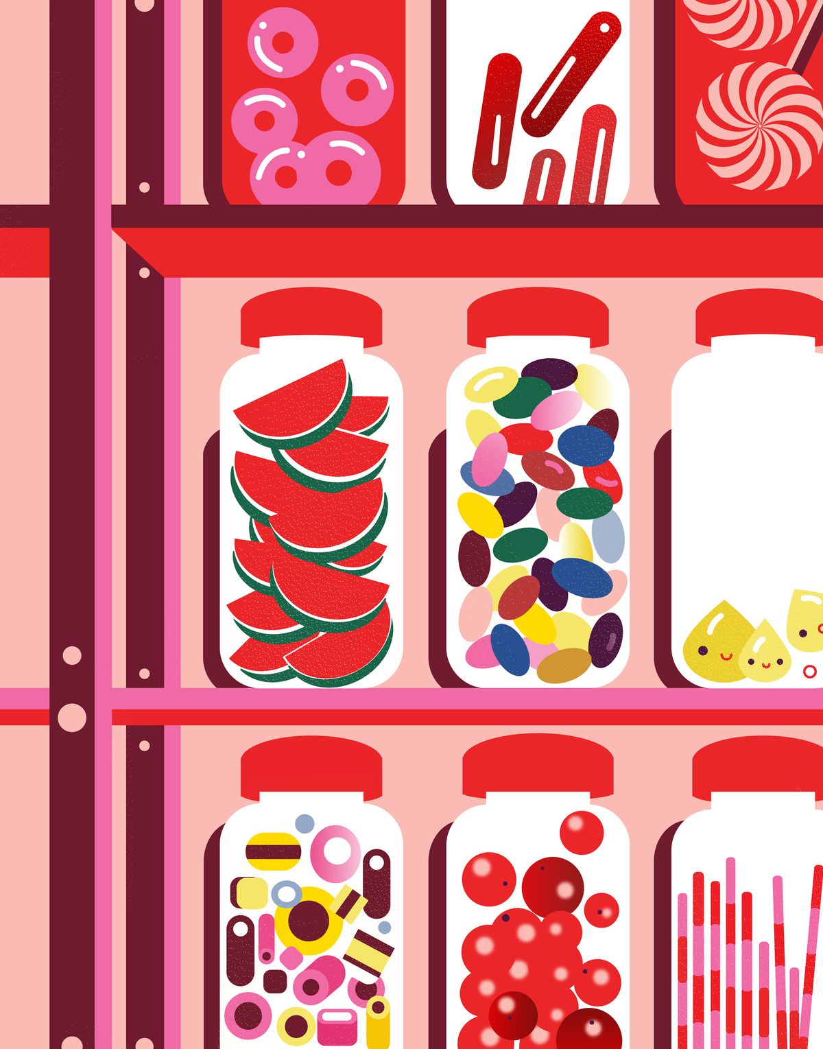 An illustration of jars of candy on a shelf in a bunker.