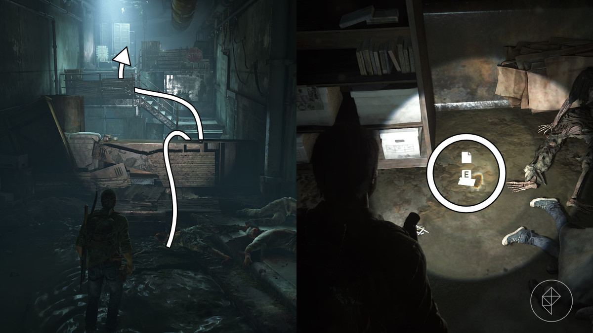 Cornered note artifact location in the The Sewers section of the The Suburbs chapter in The Last of Us Part 1
