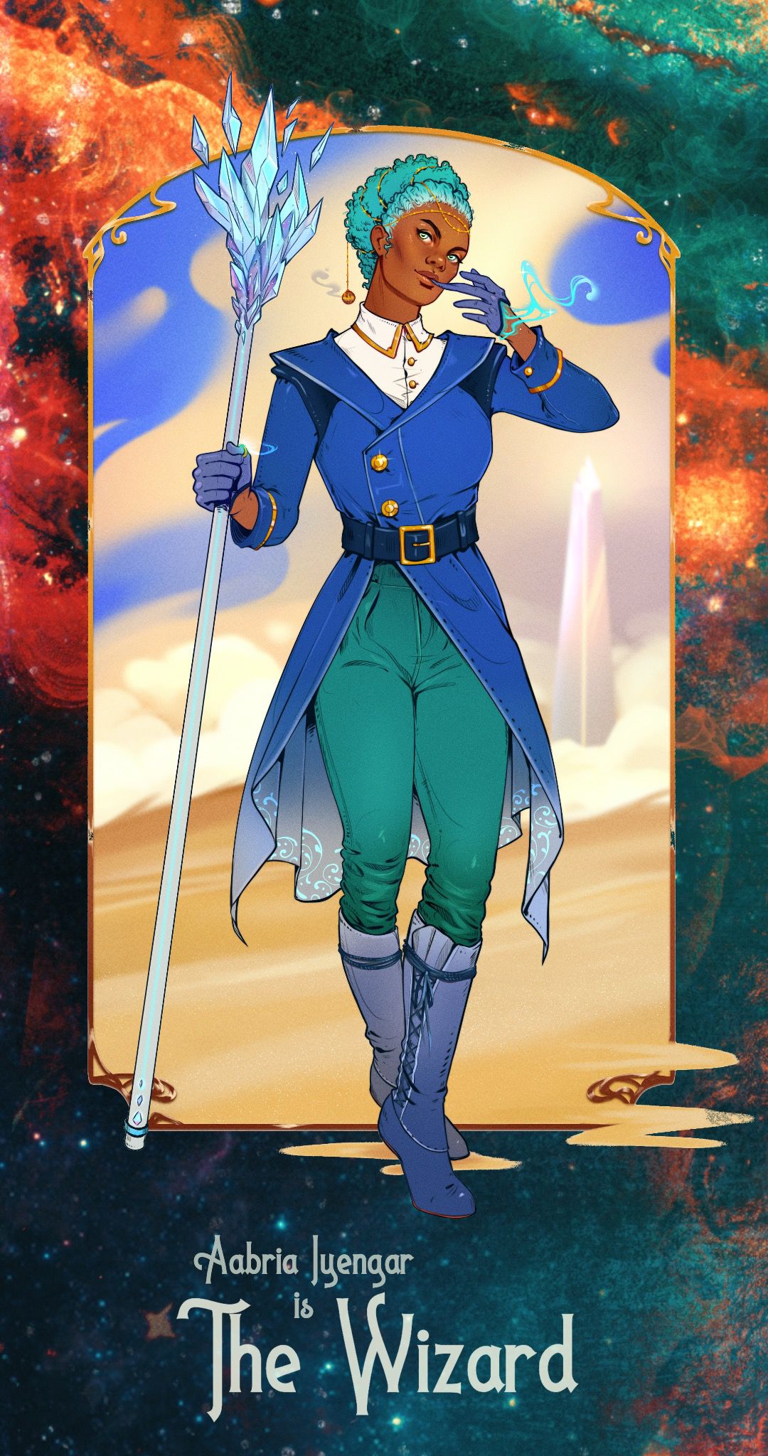 A wizard with light blue hair holds a white staff with a crystaline top. Whisps of vapor leak from beneath her gloves, while in the background a mysty desert-like landscape rolls to the horizon. Sand spills out of the frame into the foreground.