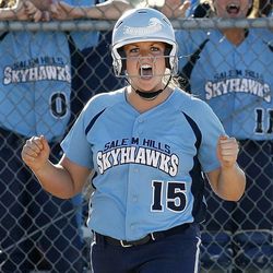 Salem Hills pitcher Kirtlyn Bohling screams in celebration as her team plays Box Elder Tuesday, May 21, 2013 in 4A softball action. Salem Hills won 6-2.