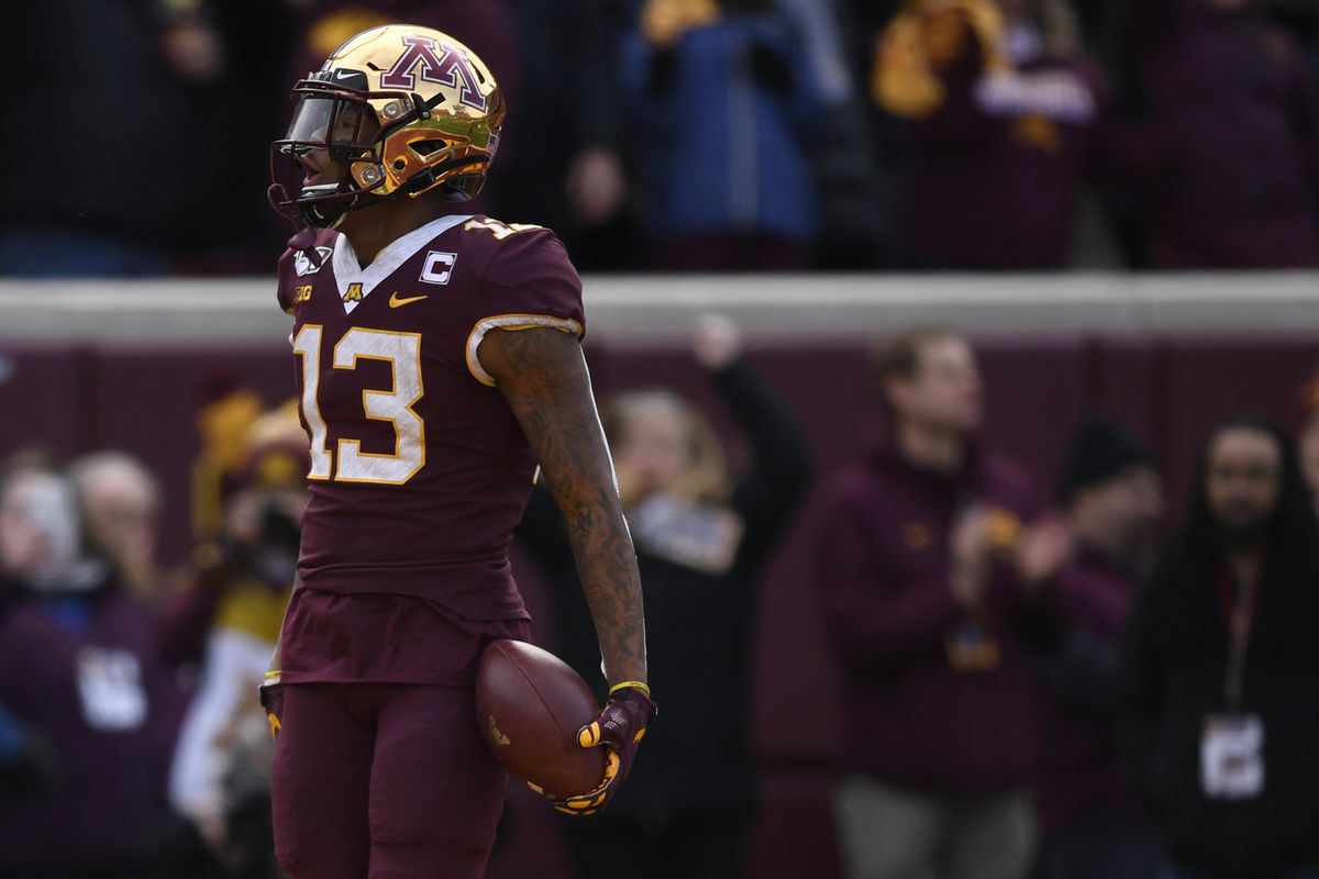 Wide receiver Rashod Bateman #13 of the Minnesota Golden Gophers scores a touchdown against the Penn State Nittany Lions during the first quarter at TCFBank Stadium on November 09, 2019 in Minneapolis, Minnesota.