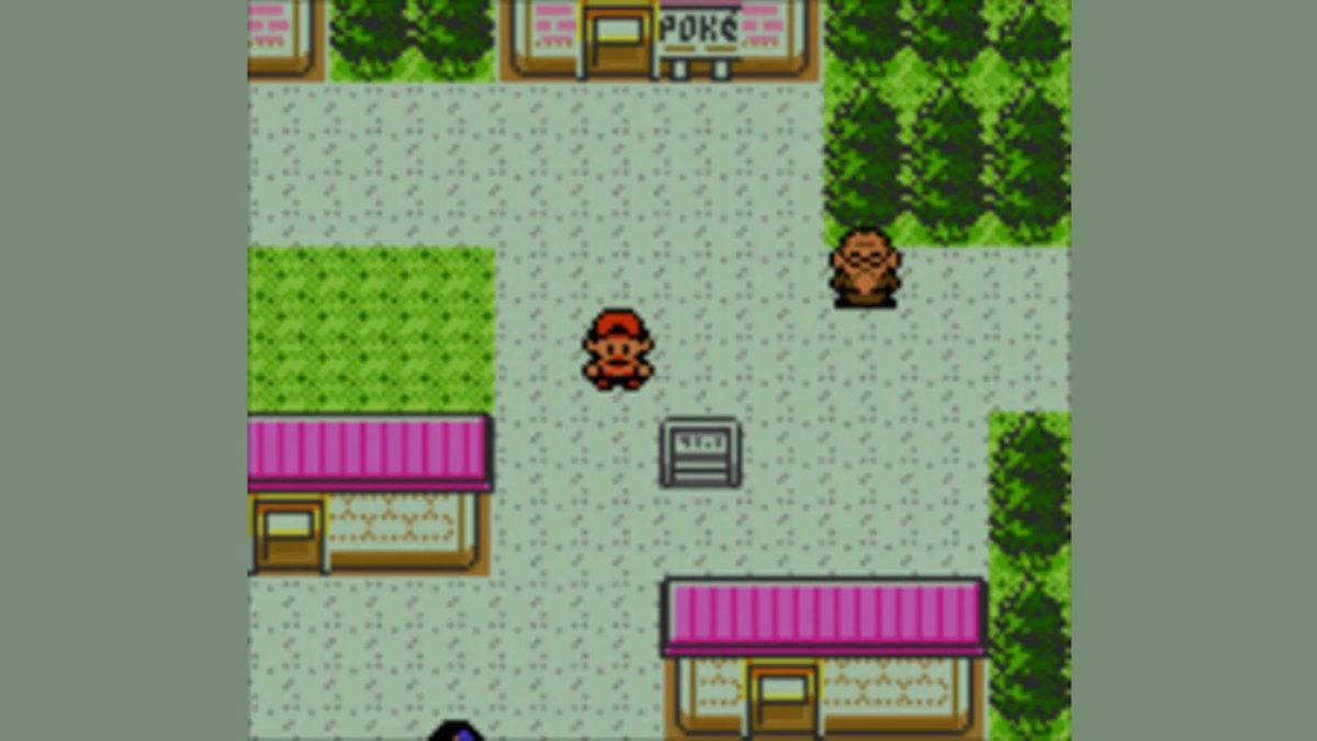 An image of Pokémon Silver.  It shows a top-down view of a town in pixel art style.