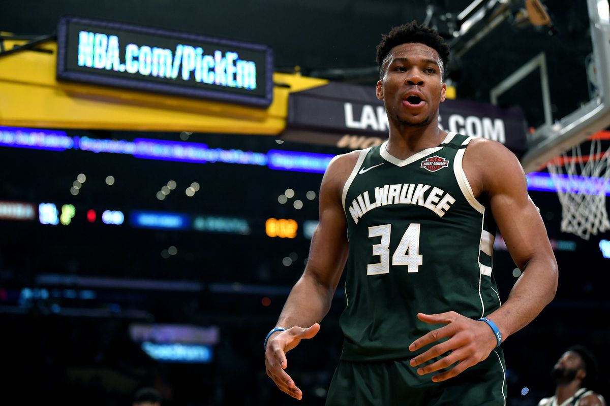 Giannis Antetokounmpo of the Milwaukee Bucks reacts after a blocked shot&nbsp;against the Lakers on March 6.