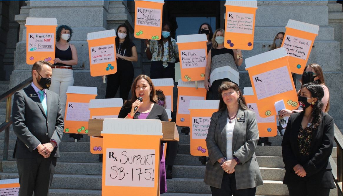 Democratic Colorado state Rep. Yadira Caraveo, a co-sponsor of legislation to create a prescription drug affordability board, speaks at a rally in support of the bill on the steps of the Colorado state Capitol in Denver.