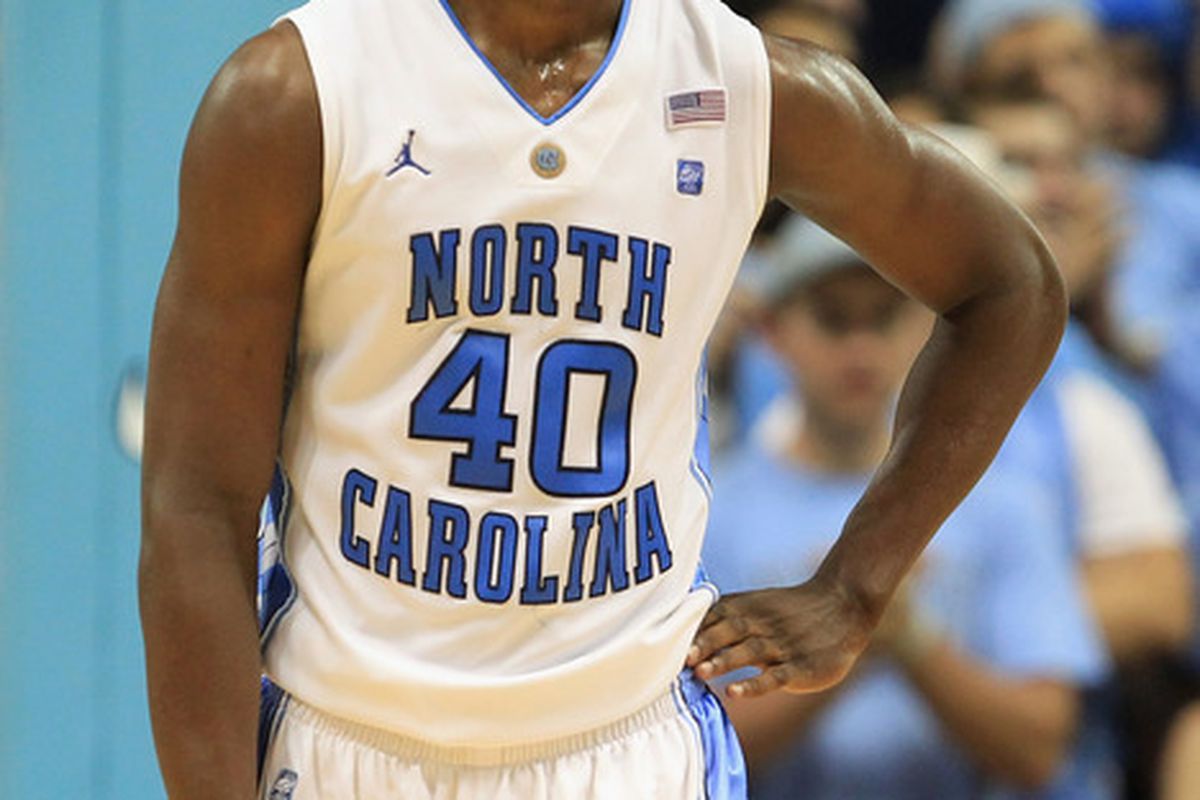 Harrison Barnes reacts as his team defeats the Maryland Terrapins 87-76 at the Dean E. Smith Center.
