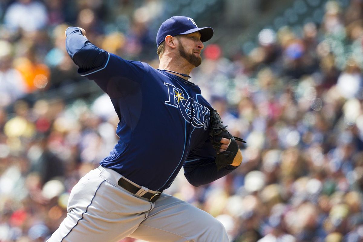 April 12, 2012; Detroit, MI, USA; Tampa Bay Rays starting pitcher Jeff Niemann (34) pitches during the first inning against the Detroit Tigers at Comerica Park. Mandatory Credit: Rick Osentoski-US PRESSWIRE