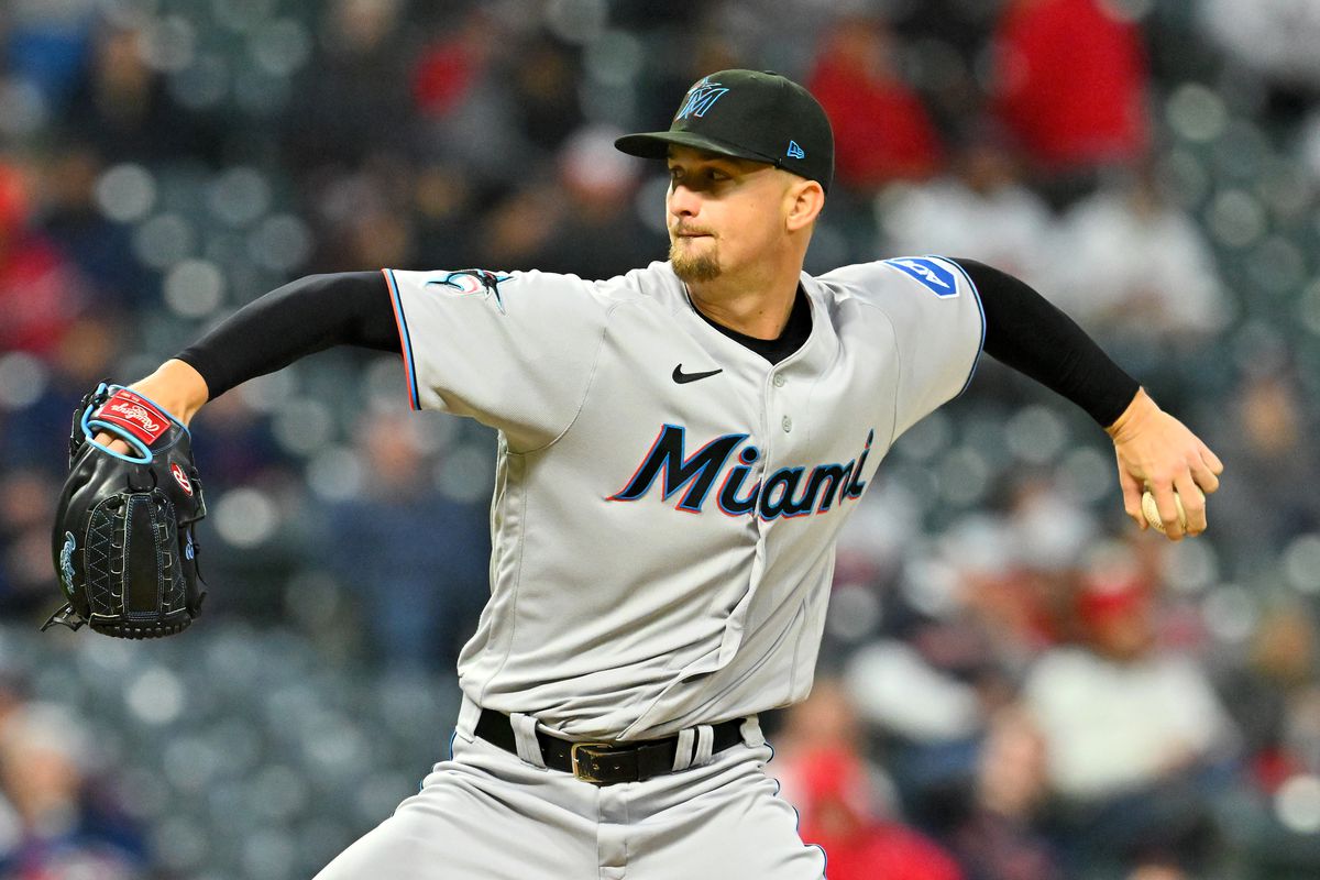Starting pitcher Braxton Garrett #29 of the Miami Marlins pitches during the first inning of the second game of a doubleheader against the Cleveland Guardians at Progressive Field on April 22, 2023 in Cleveland, Ohio.