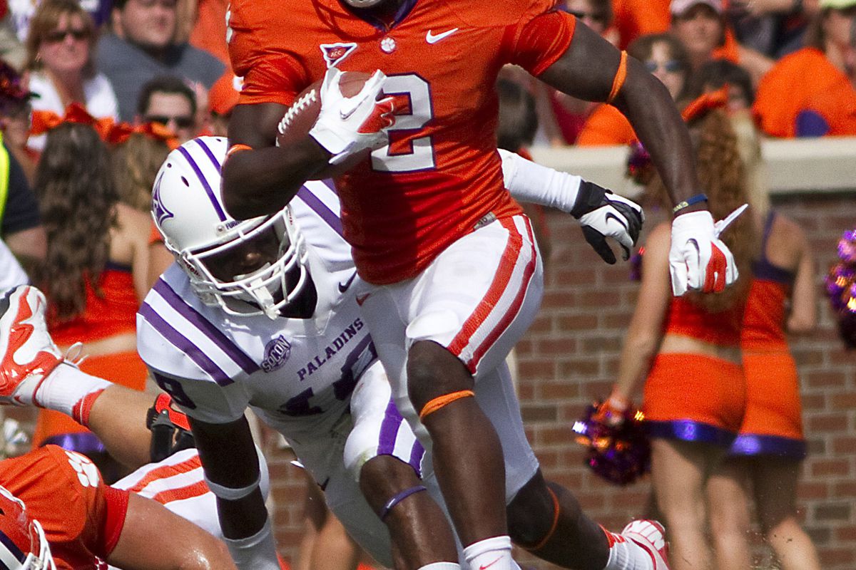 Sep 15, 2012; Clemson, SC, USA; Clemson Tigers wide receiver Sammy Watkins (2) carries the ball for a touchdown during the second quarter of the game against the Furman Paladins at Memorial Stadium. Mandatory Credit: Joshua S. Kelly-US PRESSWIRE