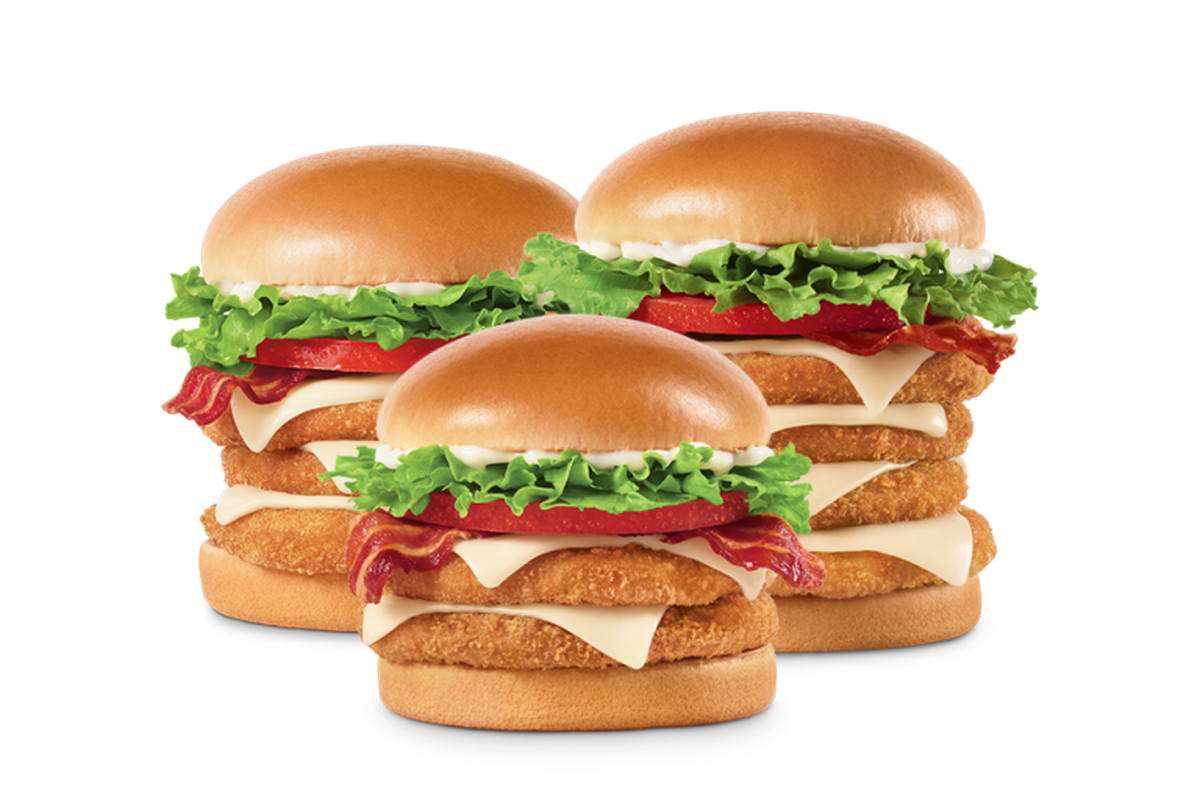 A double, a triple, and a quadruple decker chicken sandwich from Jack in the Box. 