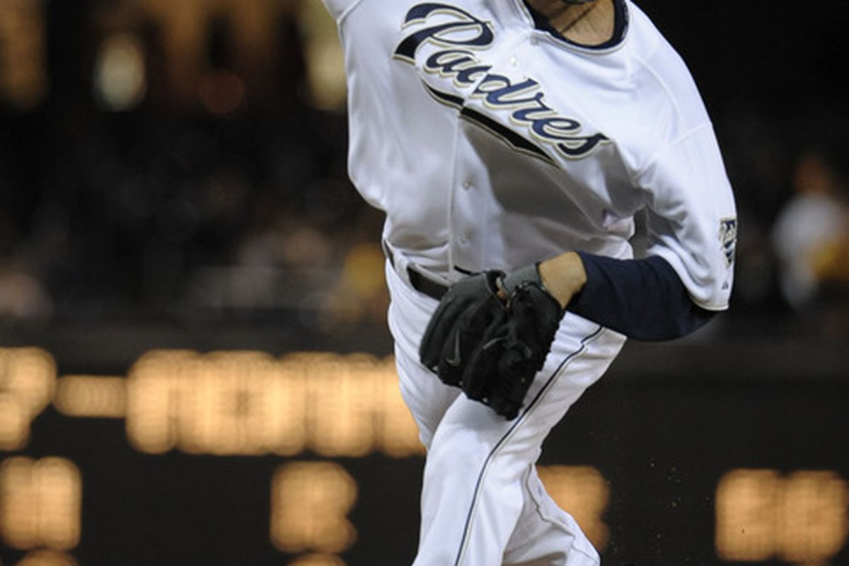 SAN DIEGO, CA-JUNE 3: Mike Adams #37 of the San Diego Padres pitches during the seventh inning of a baseball game against the Houston Astros at Petco Park on June 3, 2011 in San Diego, California.  (Photo by Denis Poroy/Getty Images)
