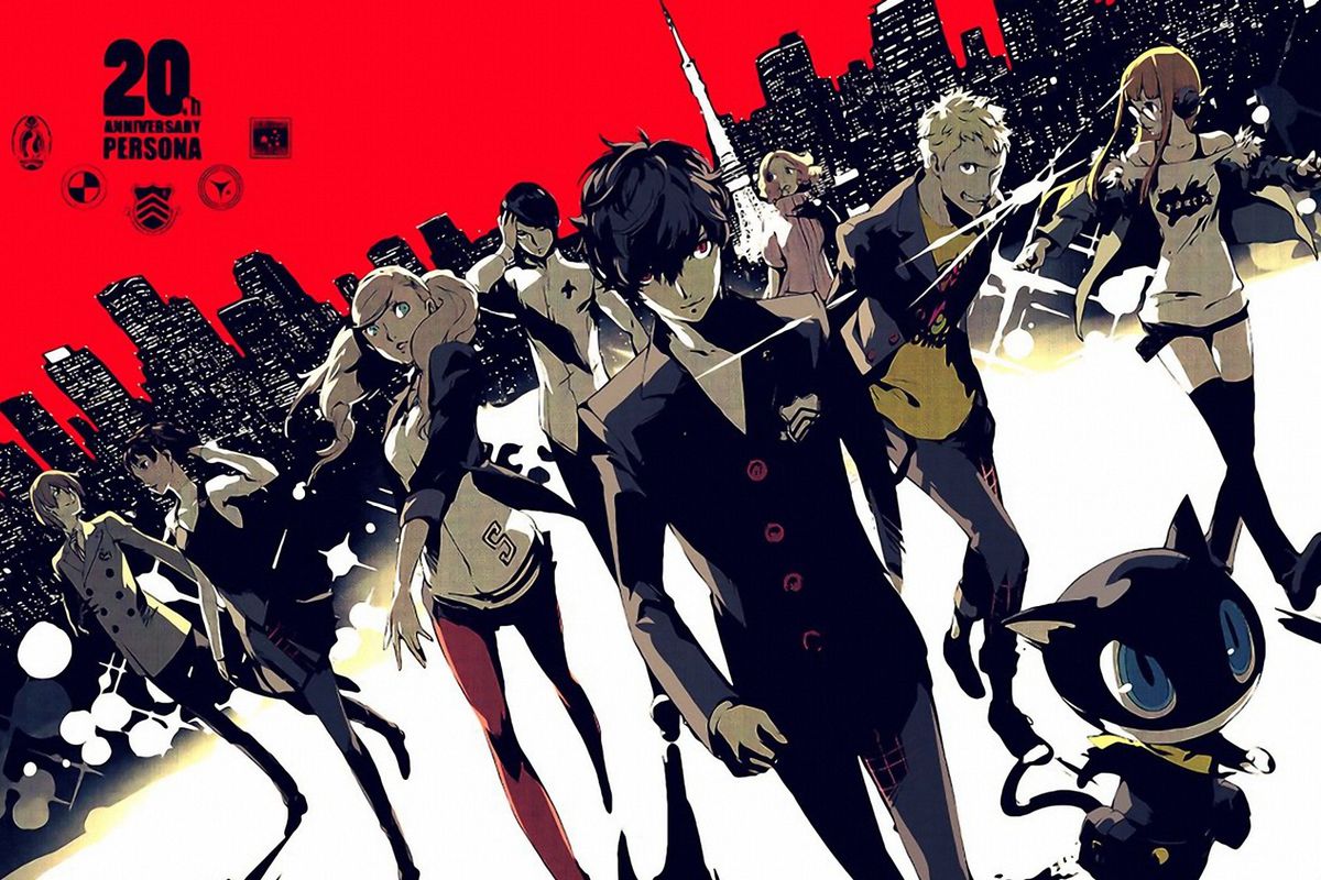An illustration of the main cast of Persona 5 striding towards the camera in their school uniforms, with a stylized red-and-black Tokyo skyline behind them.