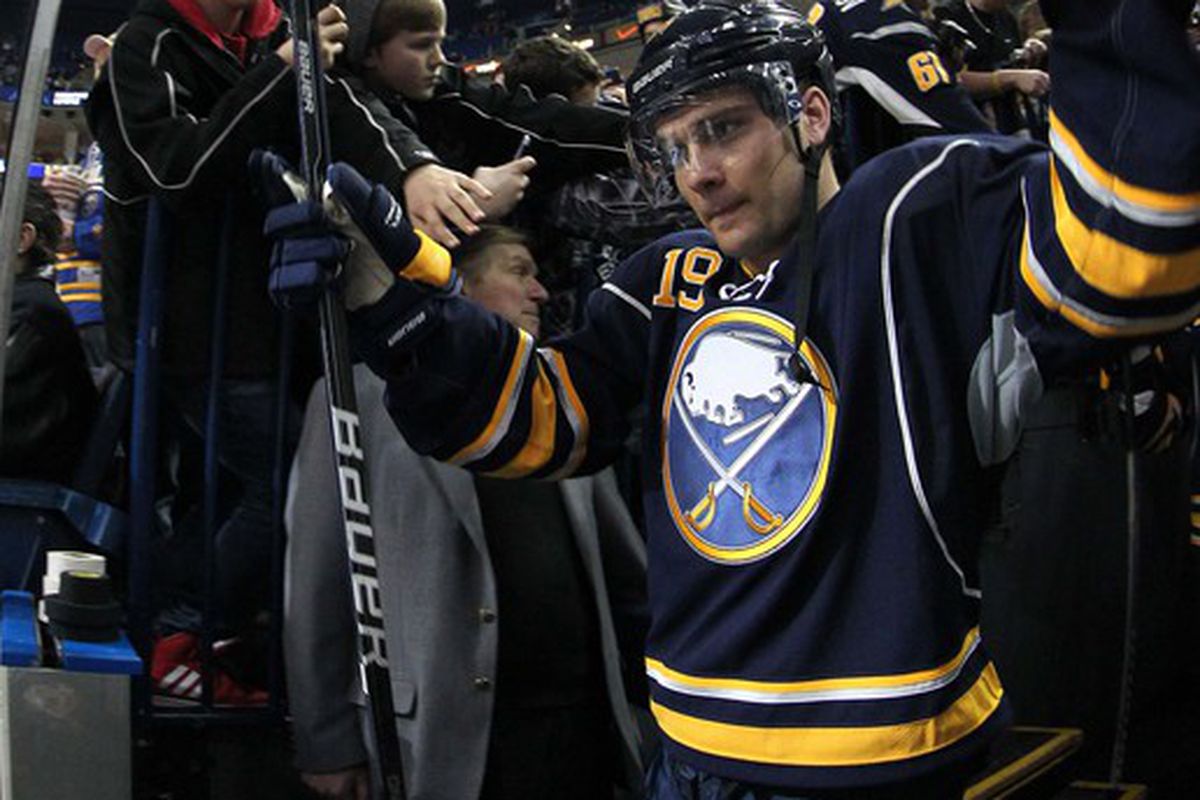 Mar 12, 2012; Buffalo, NY, USA;  Buffalo Sabres center Cody Hodgson (19) before a game against the Montreal Canadiens at the First Niagara Center.  Mandatory Credit: Timothy T. Ludwig-US PRESSWIRE