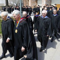 Elder L. Tom Perry (left) leads Faculty and Students from LDS Business College during their Commencement Exercises on Temple Square inside the Assembly Hall April 10, 2008. Photo by Scott G. Winterton / Deseret Morning News.