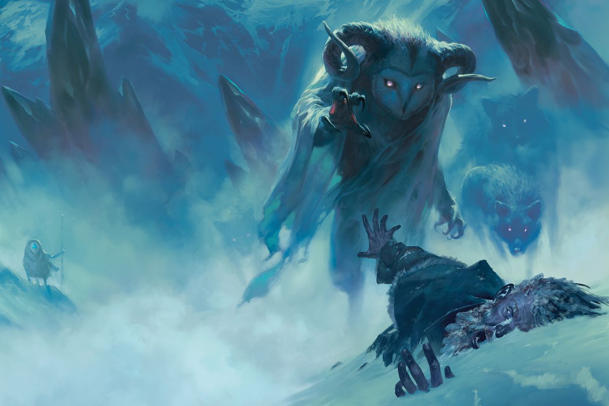 A giant monster with the head of an owl attacks a stricken traveler in Icewind Dale. A pack of wolves look on, their red eyes piercing the blue wind.