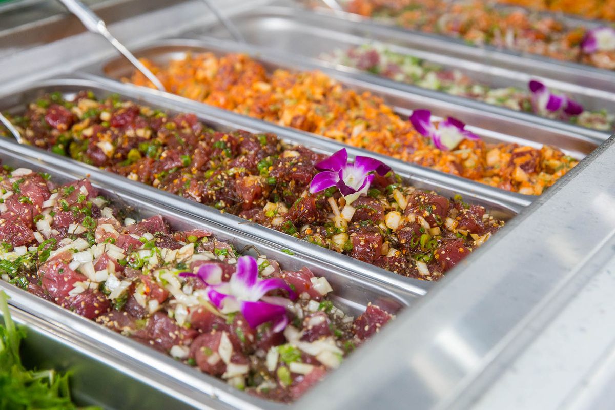 Many varieties of the Hawaiian raw fish salad, poke.
