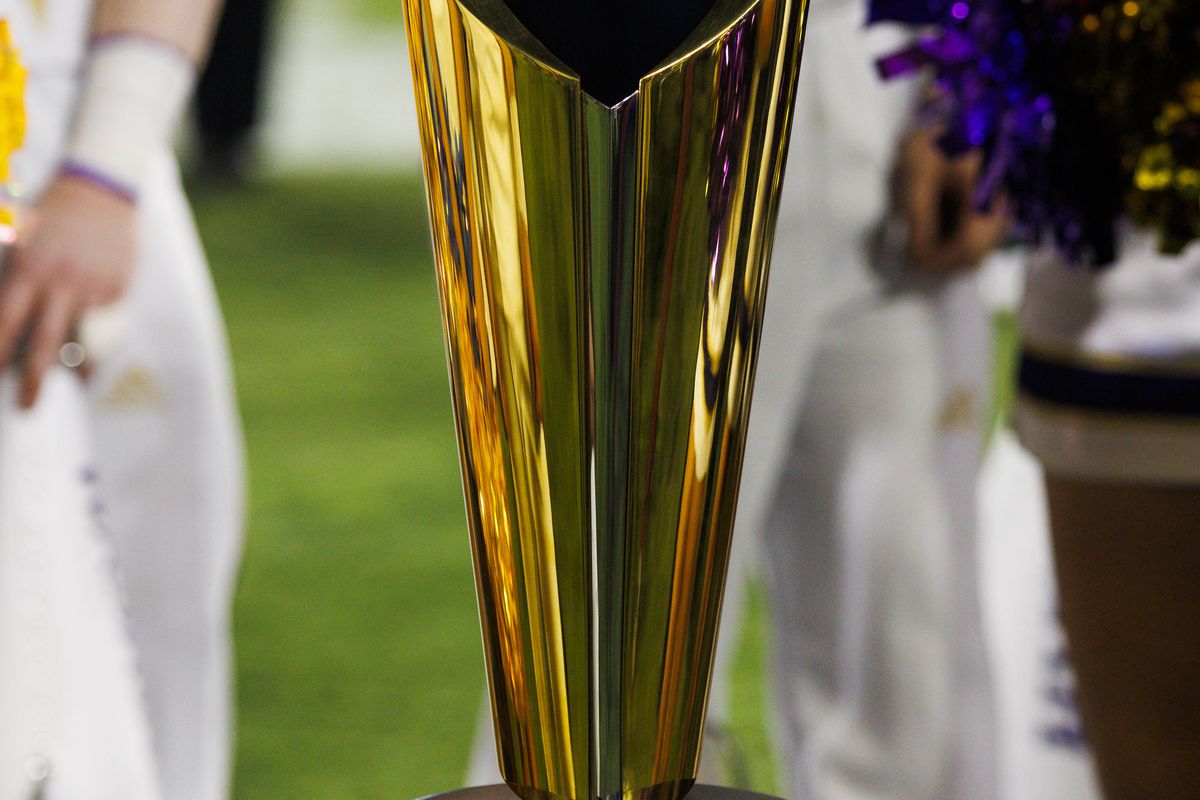 College Football Playoff National Championship Trophy during the college football game between the Washington Huskies and the UCLA Bruins on September 30, 2022 at the Rose Bowl in Pasadena, CA.