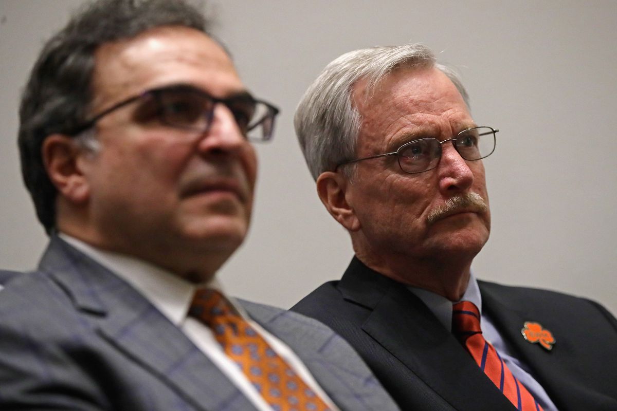 Bears president Ted Phillips (left) and team chairman George McCaskey seem to be using the franchise’s bid for the Arlington International Racecourse property to get a better deal at Soldier Field.