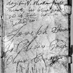 Manuscript page 105 of Joseph Smith's first Ohio journal (1832 to 1834). The unenhanced photograph was taken by Welden C. Andersen, Church Audiovisual Department. 
