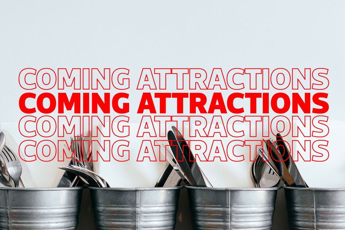 A graphic shows metal buckets of silverware with the words “Coming Attractions” at the top and repeated going down the image.