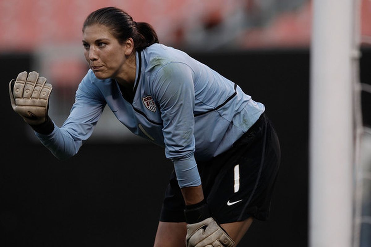 CLEVELAND - MAY 22:  Hope Solo #1 of the United States calls out to her teammates during the game against Germany on May 22, 2010 at Browns Stadium in Cleveland, Ohio.  (Photo by Jared Wickerham/Getty Images)