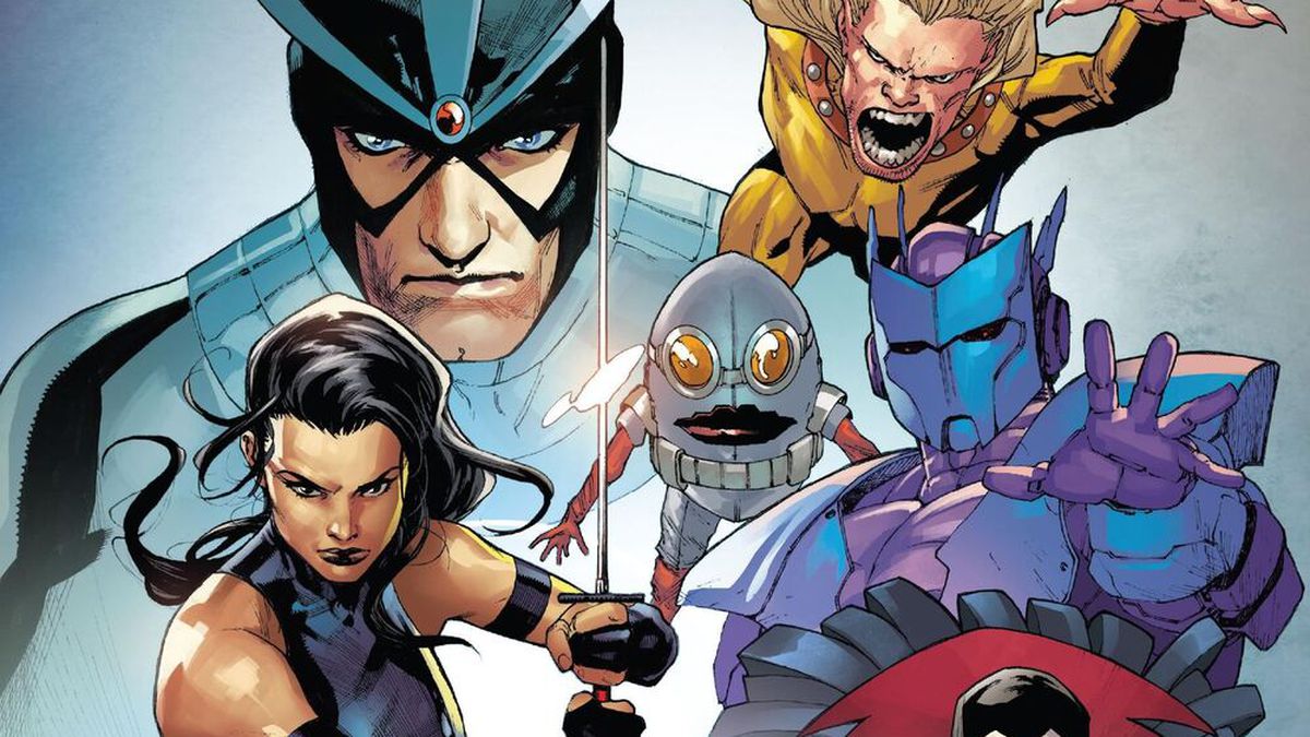 Havok, Wild Child, Psylocke, Nanny, Orphan-Maker, Scalphunter, Mr. Sinister, and Empaht pose on the cover of Hellions #1, Marvel Comics (2020).