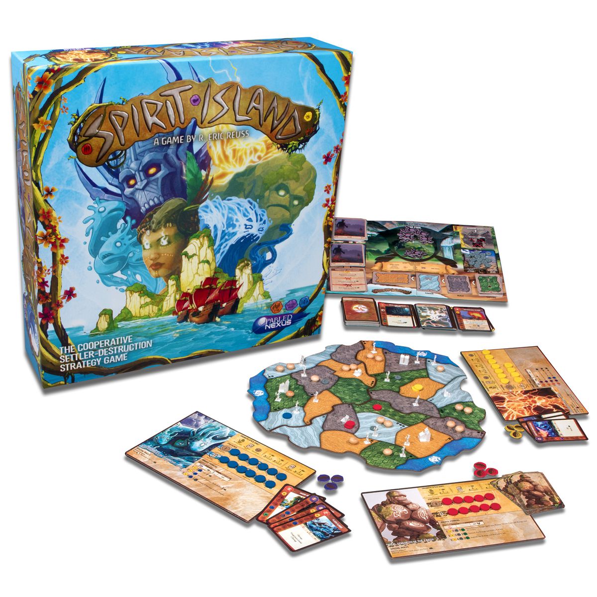 Spirit Island features bright colors, a gamer sideboard, and fun little plastic flags all over the map.