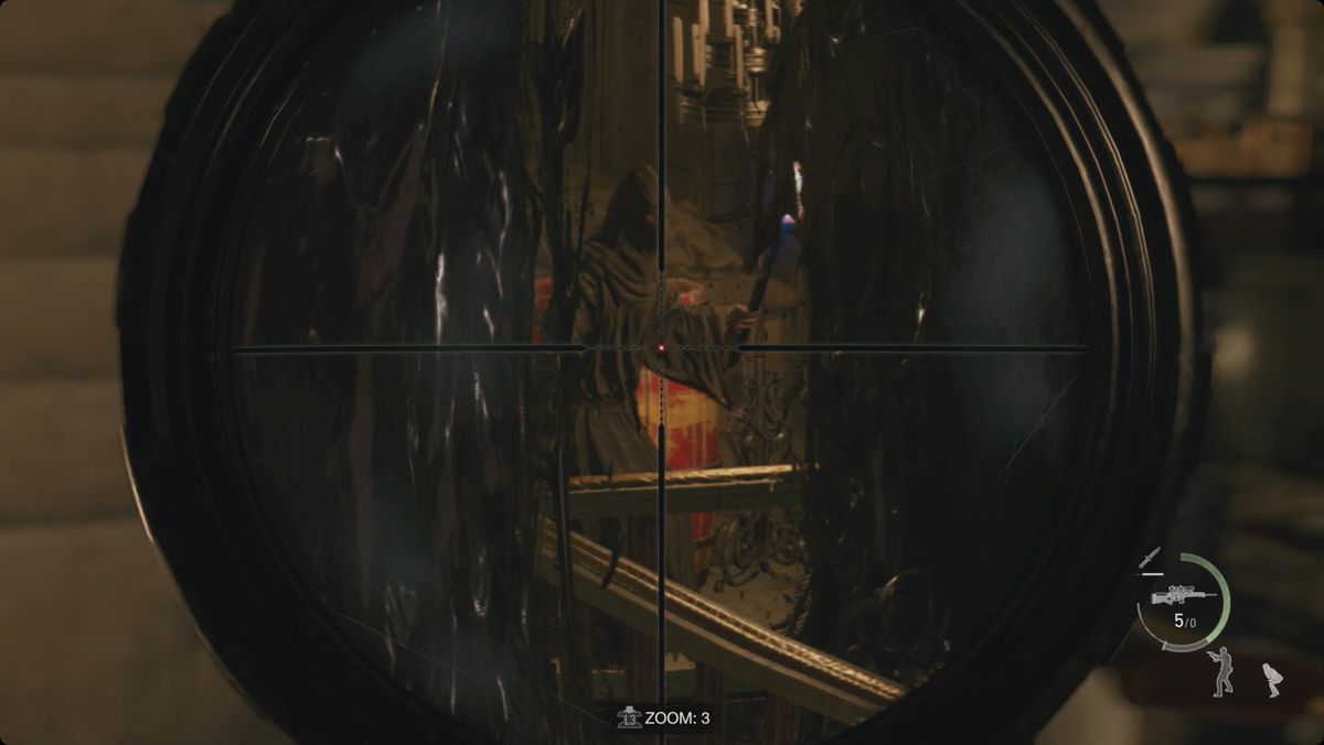 Resident Evil 4&nbsp;remake&nbsp;Leon aiming at an explosive barrel.