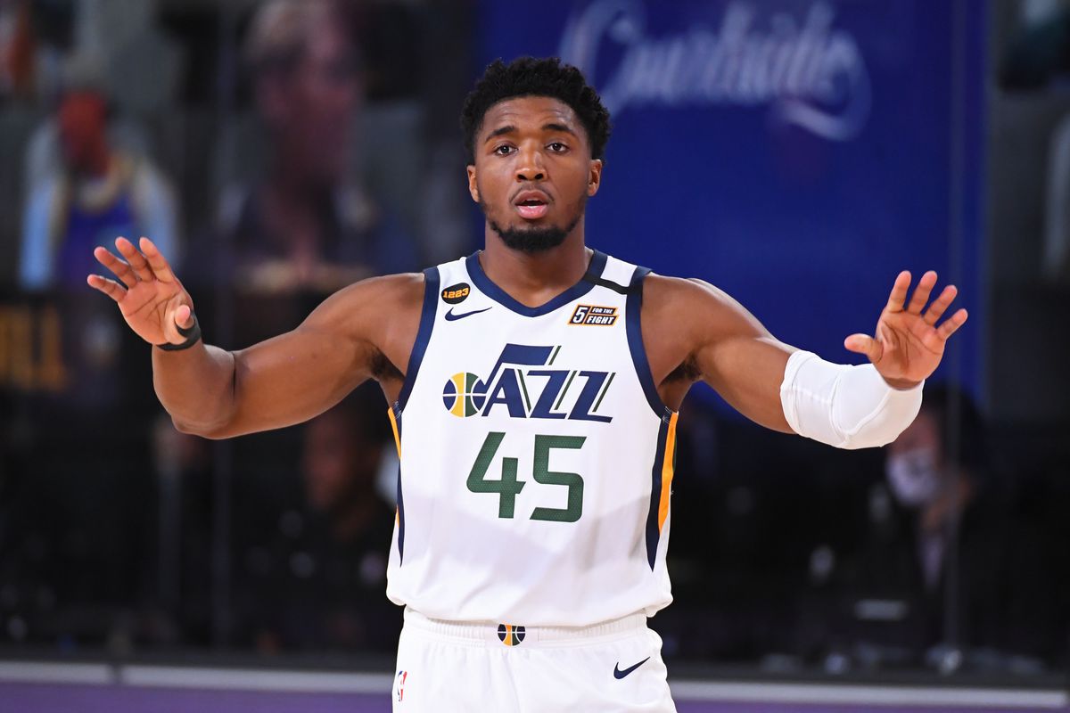 Donovan Mitchell of the Utah Jazz looks on during the game against the Denver Nuggets during Round One, Game Seven of the NBA Playoffs on September 1, 2020 at the AdventHealth Arena at ESPN Wide World Of Sports Complex in Orlando, Florida.&nbsp;