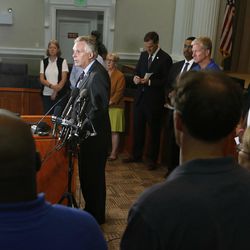 Virginia Gov. Terry McAuliffe addresses a news conference concerning the white nationalist rally and violence in Charlottesville, Va., Saturday, Aug. 12, 2017. 