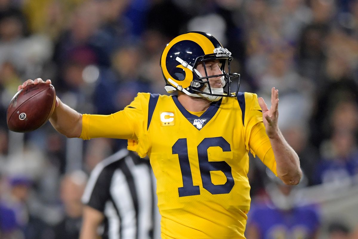 Los Angeles Rams quarterback Jared Goff throws a pass against the Baltimore Ravens during the first half at Los Angeles Memorial Coliseum.