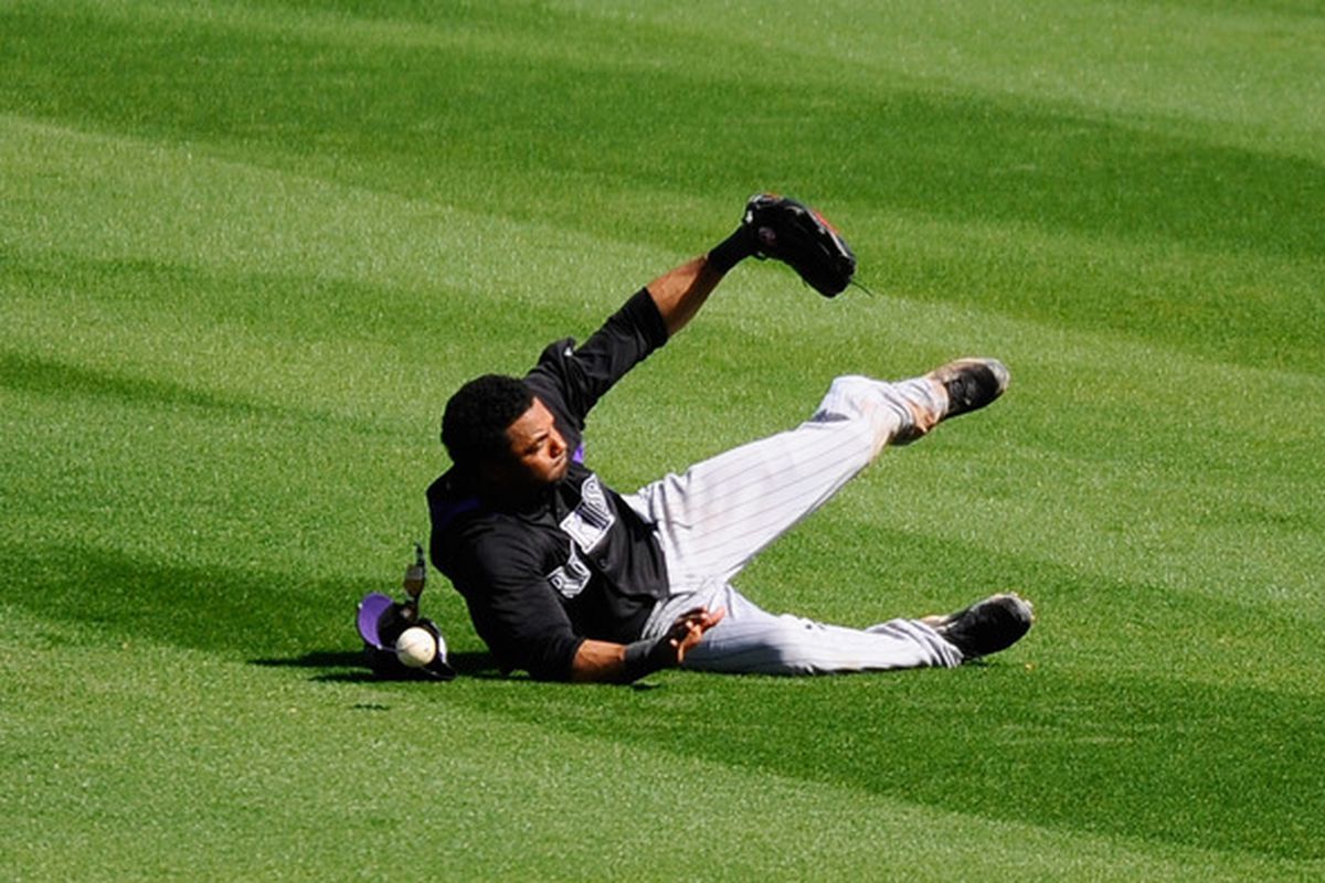 Willy Taveras playing CF in 2011 spring training with the Rockies..  (Photo by Kevork Djansezian/Getty Images)