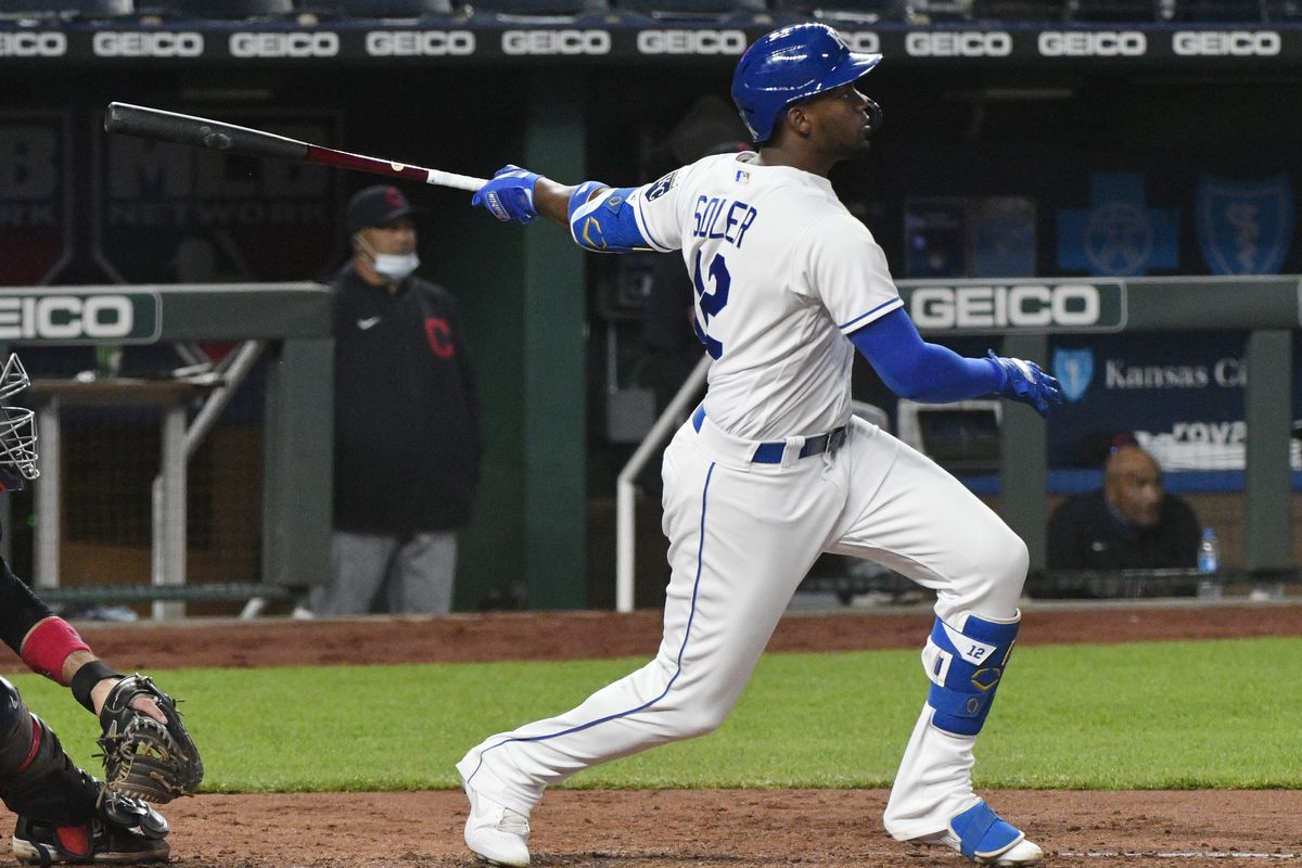 Jorge Soler #12 of the Kansas City Royals hits a two-run double in the fifth inning against the Cleveland Indians at Kauffman Stadium on May 05, 2021 in Kansas City, Missouri.Cleveland Indians v Kansas City Royals