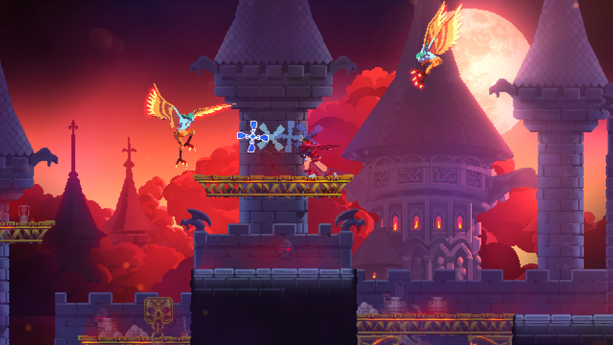 The Beheaded whips a crucifix at a harpy atop a castle battlement in Dead Cells: Return to Castlevania