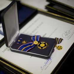 The Medal of Valor Award is seen prior to a ceremony in the Old Executive Office Building on the White House Complex in Washington, Wednesday, Feb. 11, 2015, hosted by Vice President Joe Biden. Medals are award to public safety officers who have exhibited exceptional courage, regardless of personal safety, in the attempt to save or protect others from harm. 