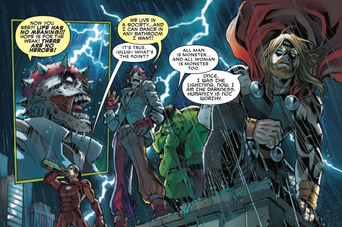 Deadpool, wearing a spiked headband, makes a veiled reference to Joker (the movie) while the Avengers stand around being moody in a thunderstorm, in Deadpool: The End #1, Marvel Comics (2020). 