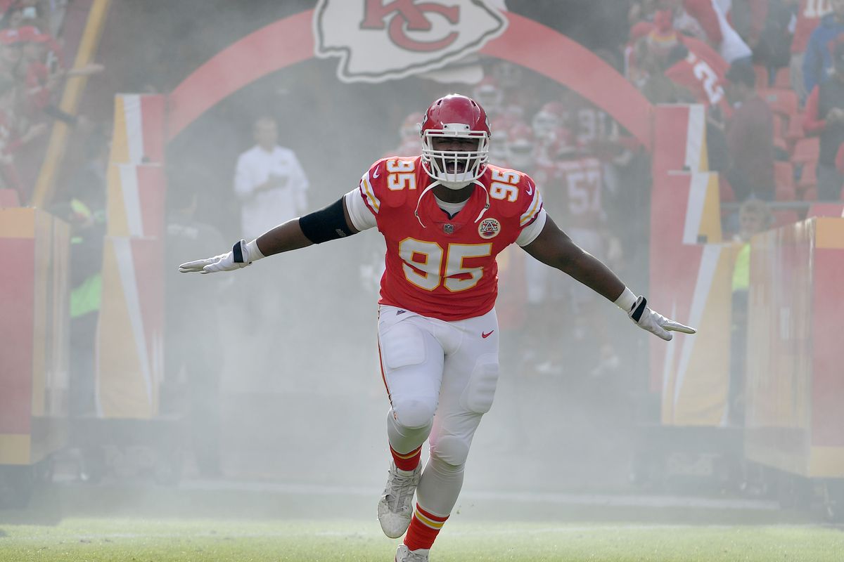 Kansas City Chiefs defensive end Chris Jones (95) runs onto the field during player introductions before the game against the Buffalo Bills at Arrowhead Stadium.&nbsp;