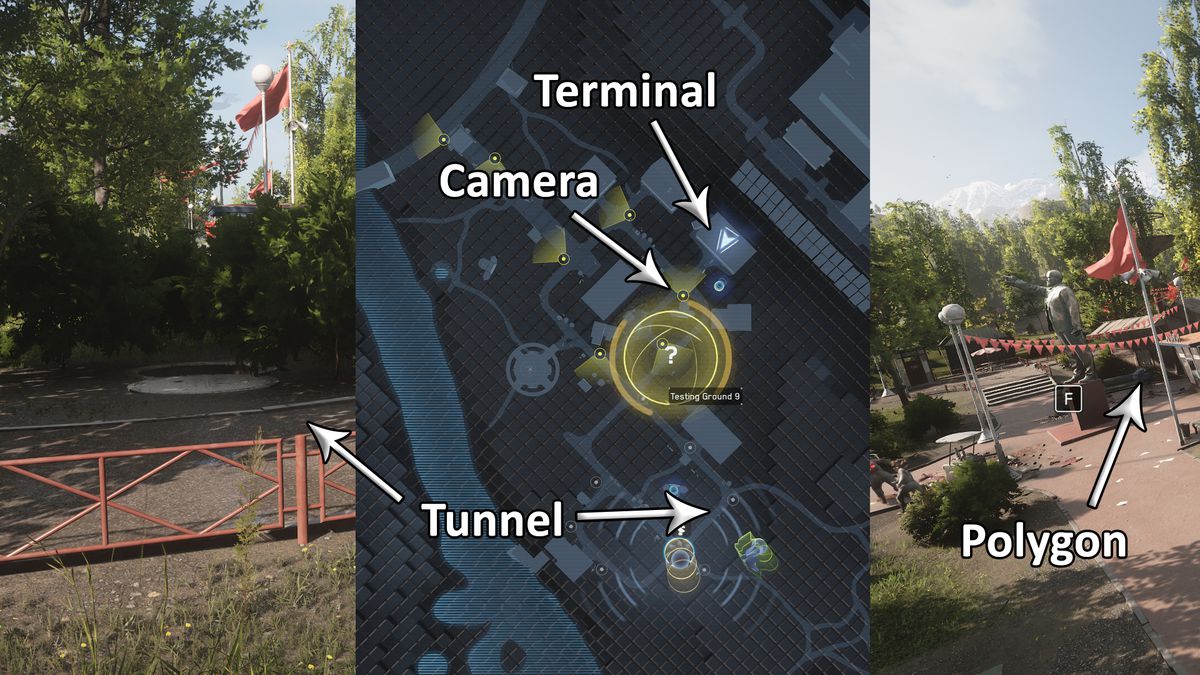 Three vertical images show a bunker, a tunnel, a camera, and a terminal for accessing Atomic Heart training ground 9.