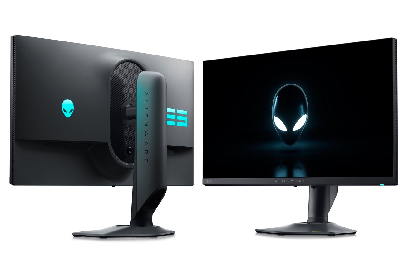 A monitor with glowing blue alienhead logo on its futuristic stand