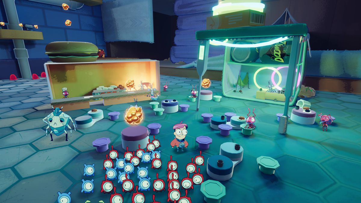 The astronaut protagonist of Tiny Kin leads a group of the titular creatures in a diorama-like area in the house’s bathroom