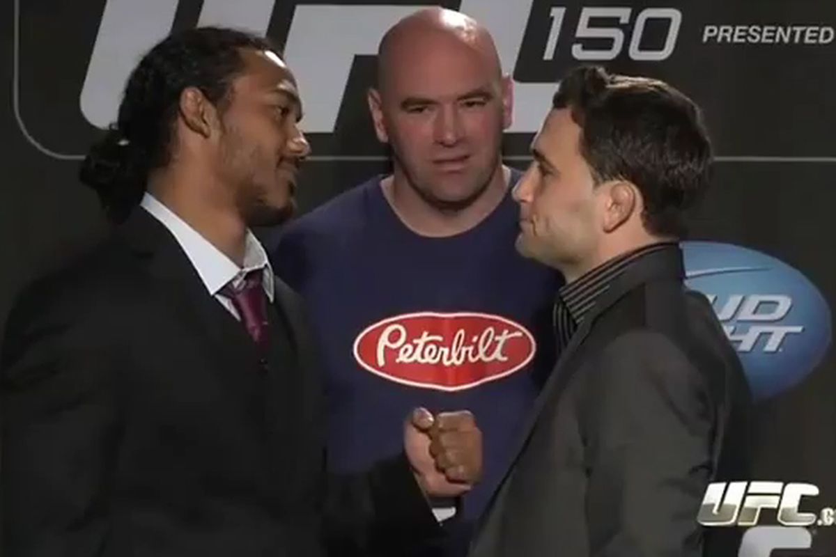 Ben Henderson (left) and Frankie Edgar face off earlier today (June 12, 2012) at the UFC 150 pre-fight press conference in Denver, Colorado.