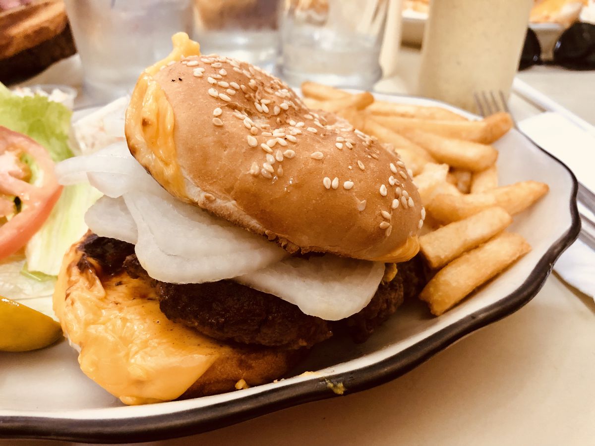 A cheeseburger with onions and fries on a white plate