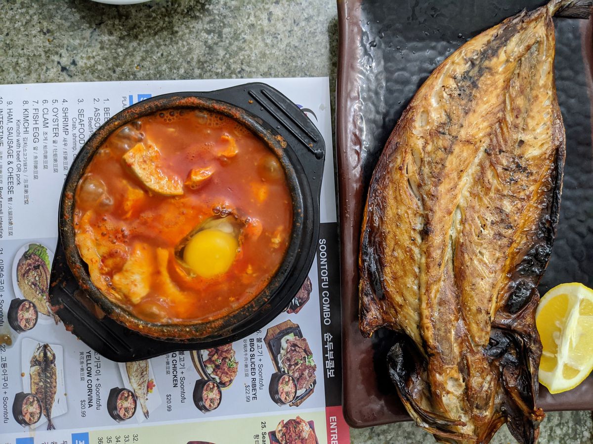 Soontdubu and fried mackerel combo at Surawon in Koreatown.