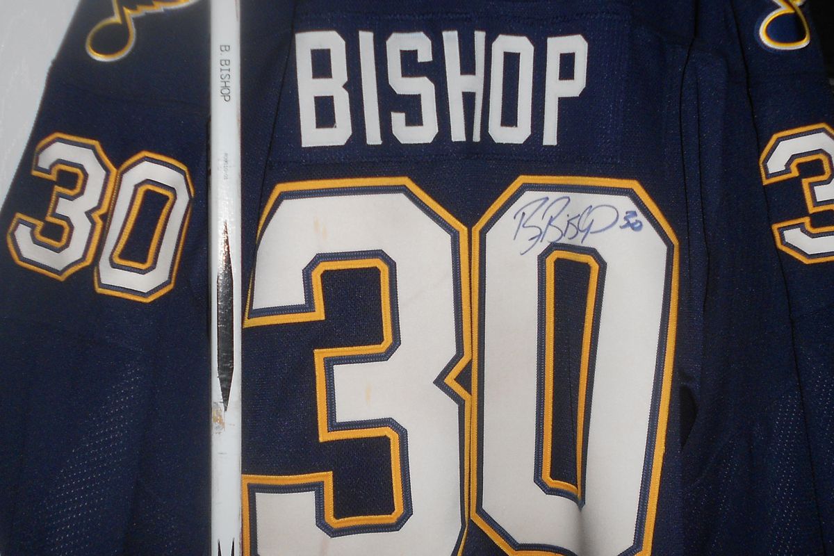 Blues 2009 3rd jersey: team issued/game worn signed Ben Bishop jersey and signed game used Peoria stick and signed puck