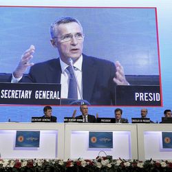 NATO Secretary General Jens Stoltenberg addresses a NATO parliamentary assembly meeting in Istanbul, Monday, Nov. 21, 2016. Talking about latest situation, Stoltenberg said that " We have seen a significant buildup of Russia in Syria; they have conducted air strikes again and again, civilians, innocent people are killed and critical infrastructure such as hospitals are attacked and the humanitarian tragedy in Syria becomes even worse."(AP Photo)