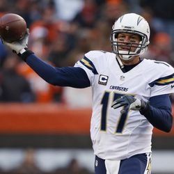 San Diego Chargers quarterback Philip Rivers (17) throws in the second half of an NFL football game against the Cleveland Browns, Saturday, Dec. 24, 2016, in Cleveland. 