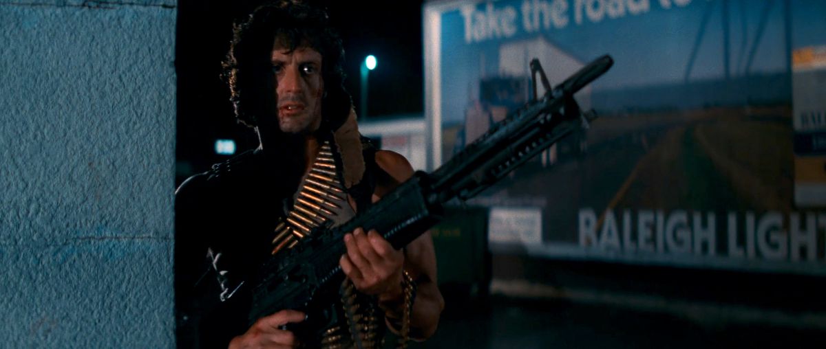 Rambo holds. machine gun in First Blood