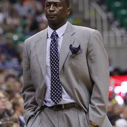 Utah Head Coach Tyrone Corbin looks down his bench as the Utah Jazz and Denver Nuggets play Wednesday, April 3, 2013 in Salt Lake City at EnergySolutions Arena. Denver beat the Jazz 113-96.